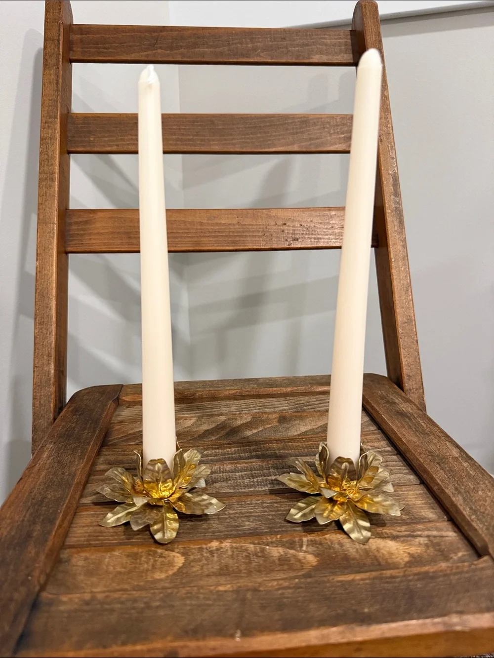 Vintage Gold Tone Metal Flower Taper Candle Holders Set of 2